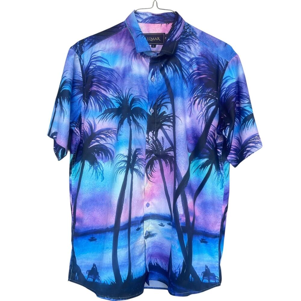 ELMAR Shirt Mens Large Blue Purple Tropical Hawaiian Aloha Palm Tree Button Down